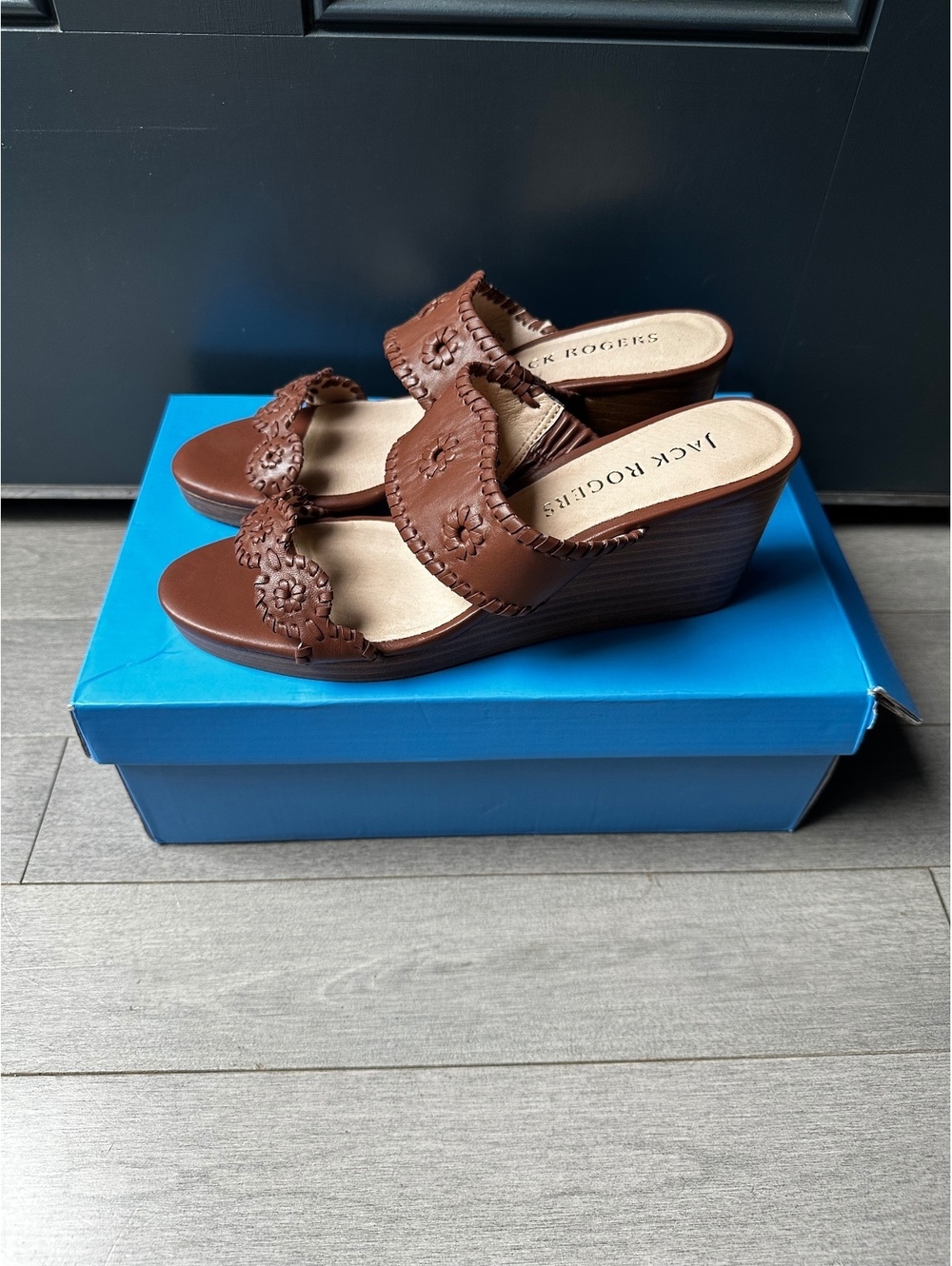 Women’s Jack Rogers Brown Leather Double Strap Wedge Sandals Floral NIB 9.5